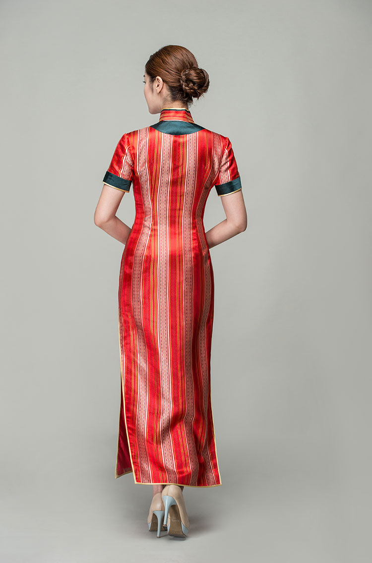 Red satin strip cheongsam dress