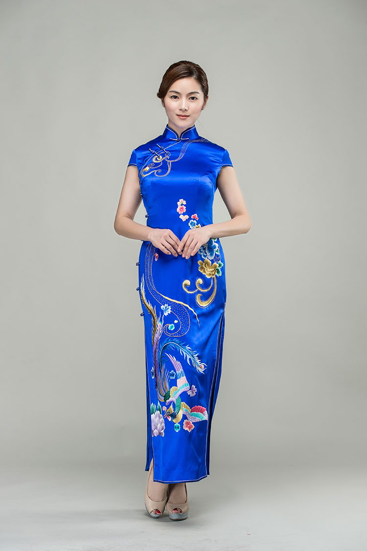 Sapphire blue silk cheongsam with golden phoenix 