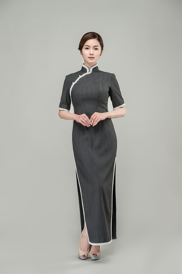 pearls trim long cheongsam dress