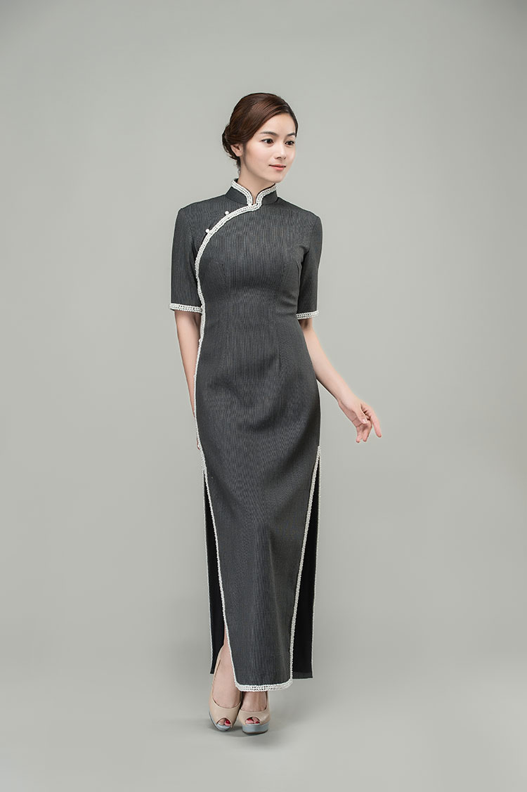 pearls trim long cheongsam dress