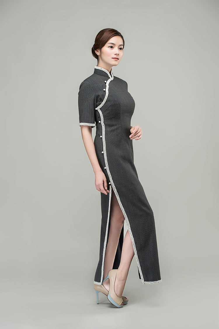 pearls trim long cheongsam dress