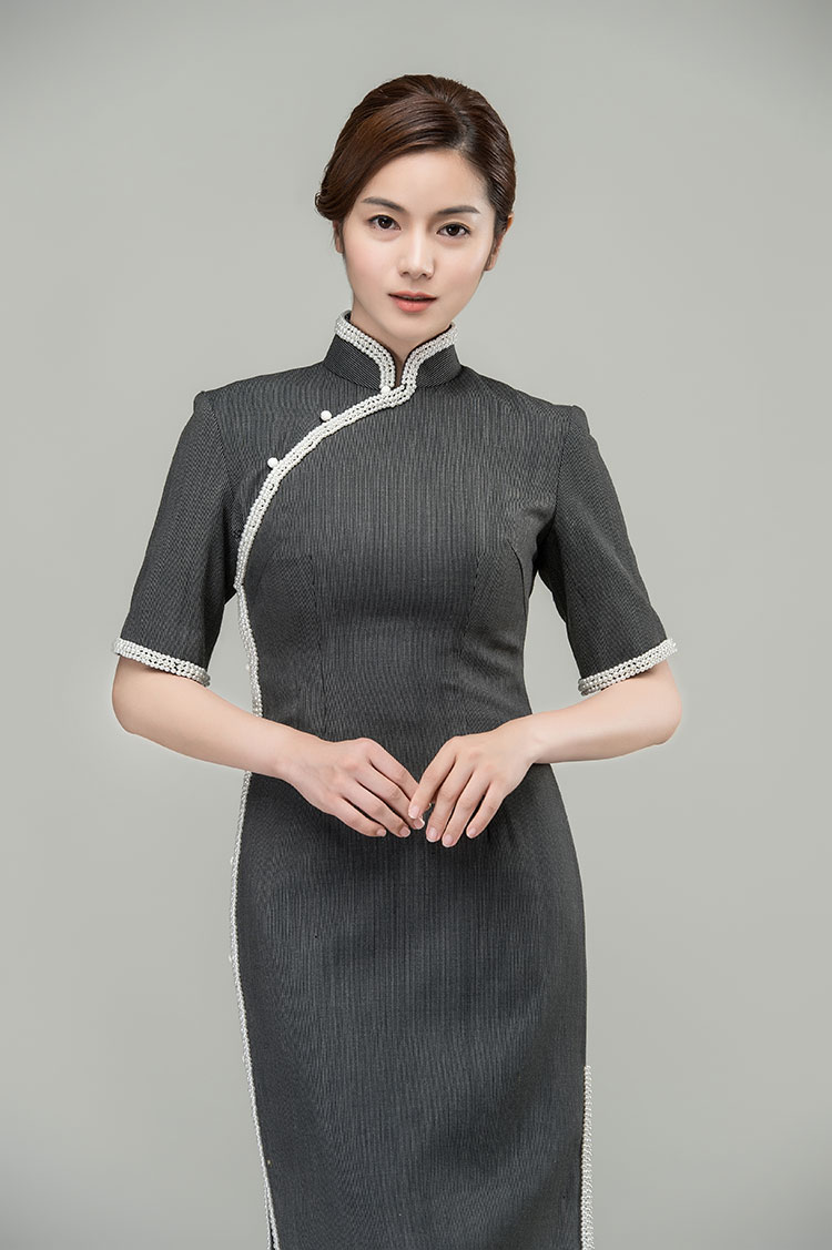 pearls trim long cheongsam dress