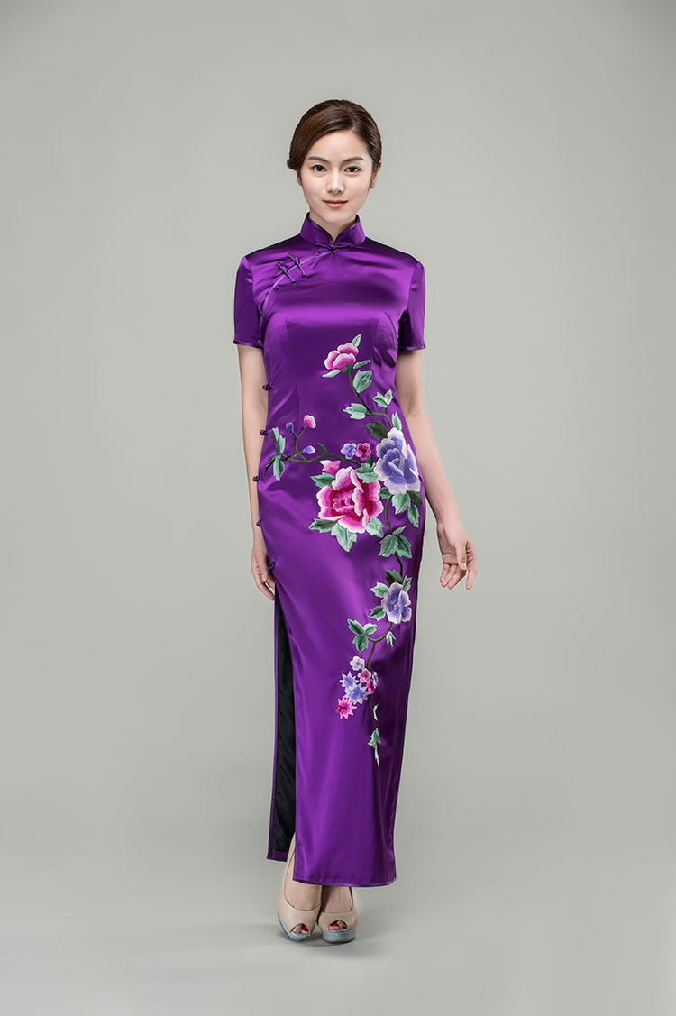 Purple silk with peonies embroidery cheongsam dress