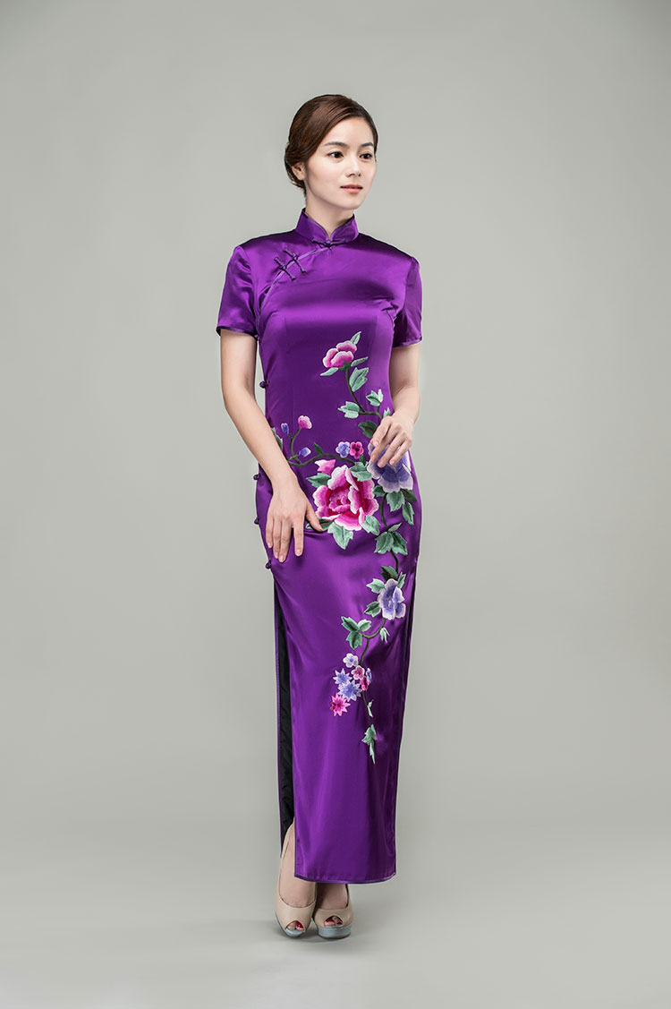 Purple silk with peonies embroidery cheongsam dress