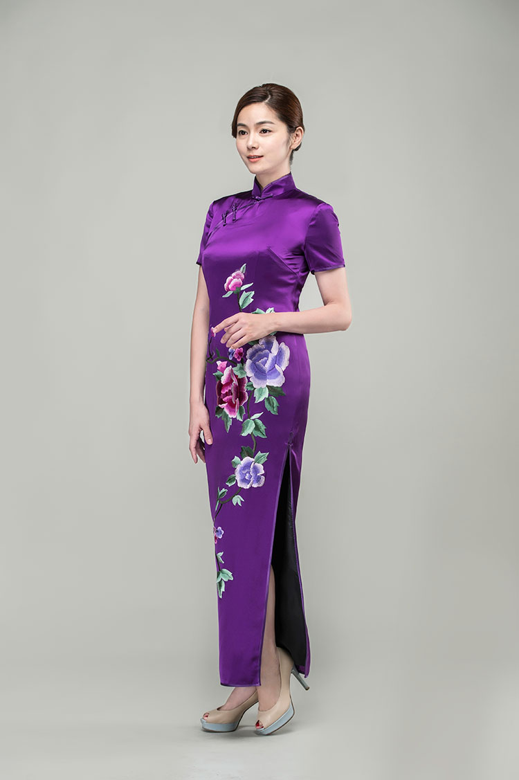 Purple silk with peonies embroidery cheongsam dress