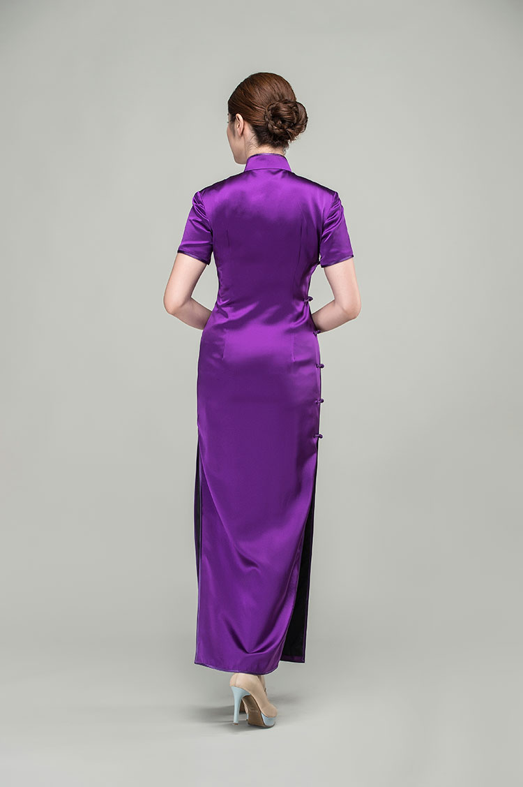 Purple silk with peonies embroidery cheongsam dress