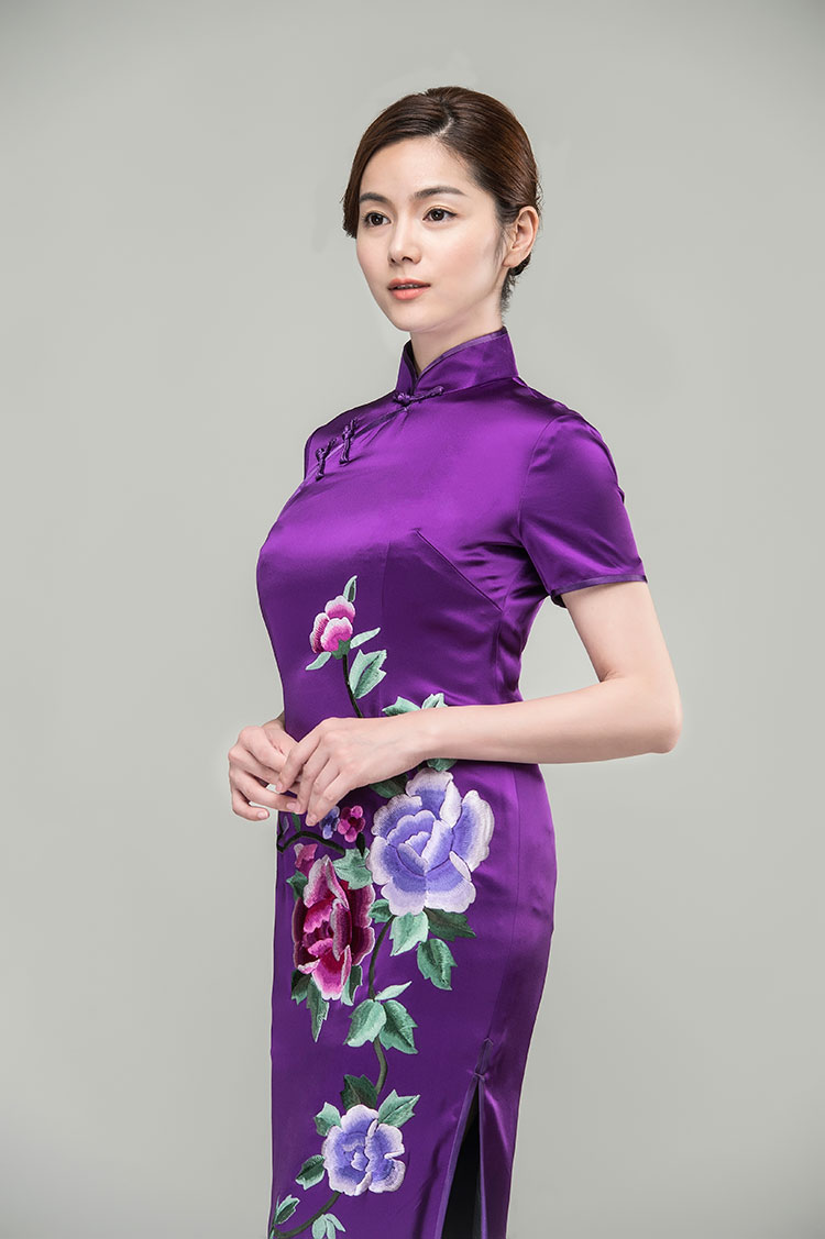 Purple silk with peonies embroidery cheongsam dress