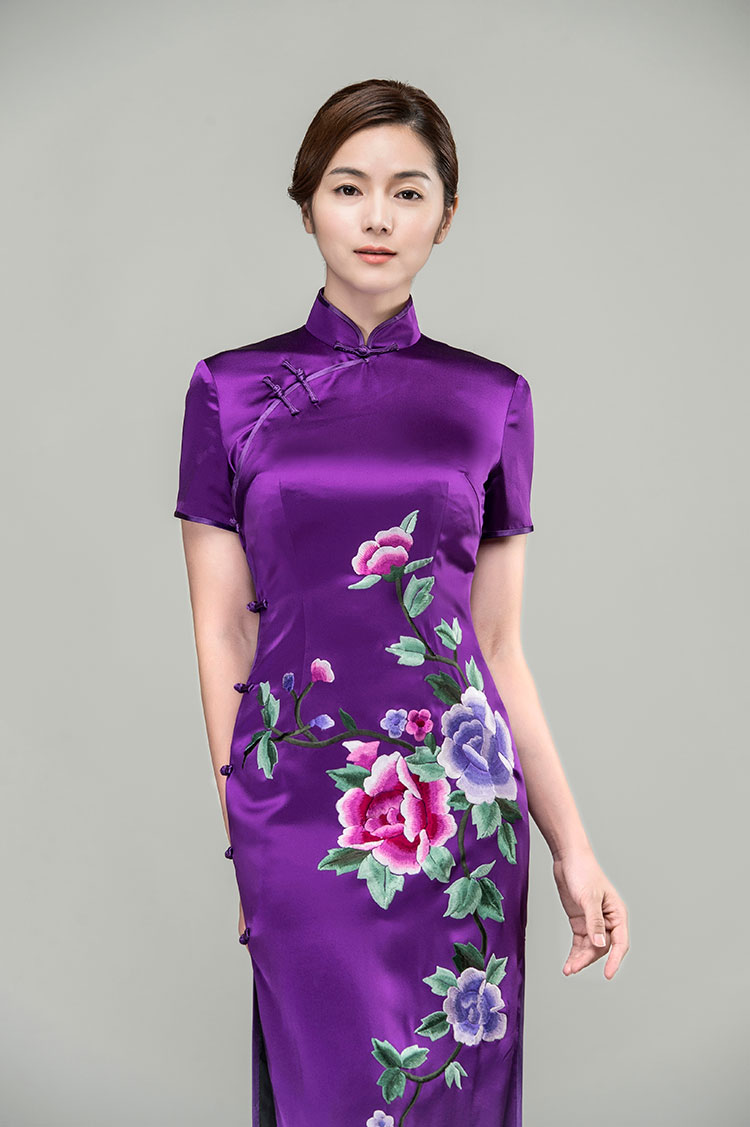 Purple silk with peonies embroidery cheongsam dress