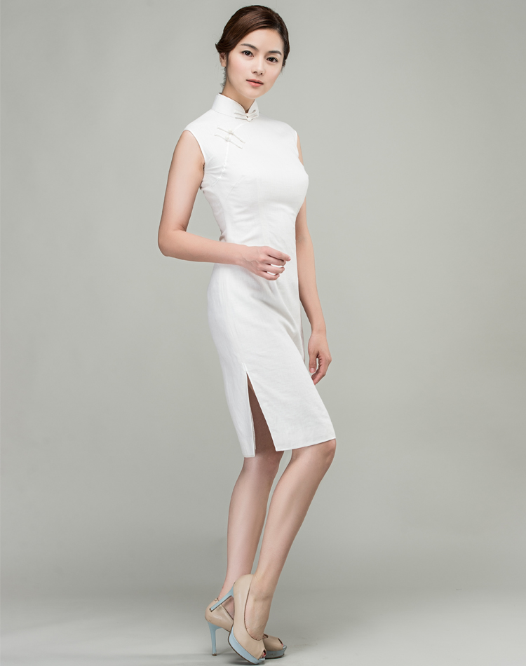 White cotton-linen short qipao dress