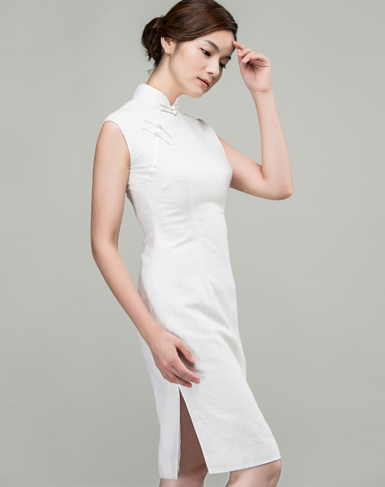 White cotton-linen short qipao dress