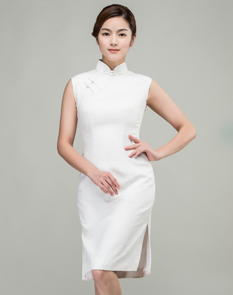 White cotton-linen short qipao dress