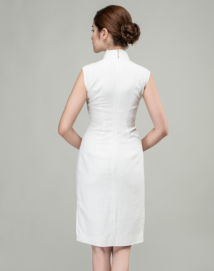 White cotton-linen short qipao dress