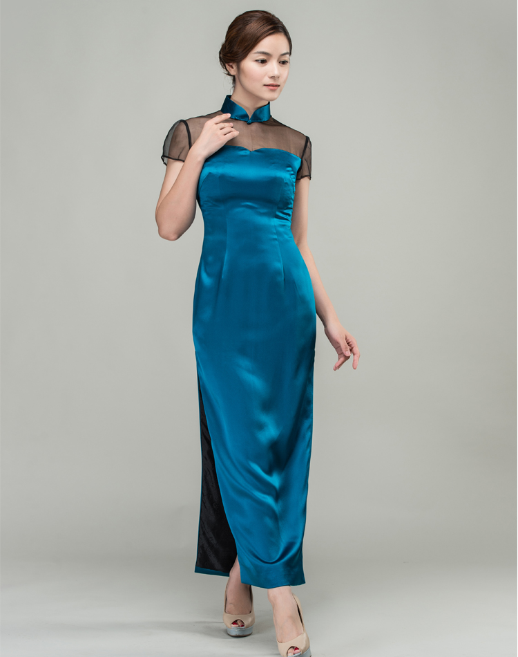 peacock green long qipao dress