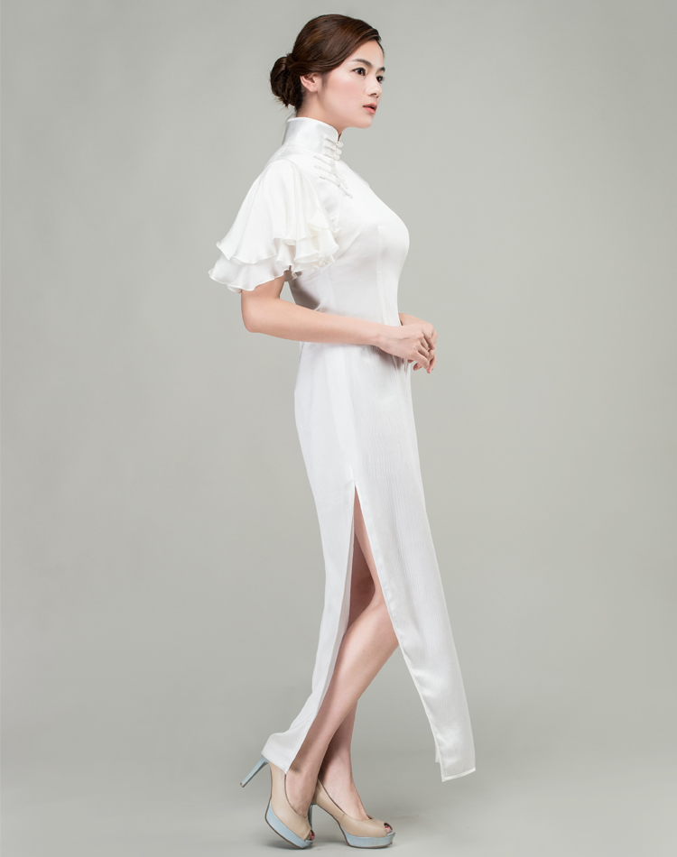 White long qipao dress whith Soft Chiffon frills Sleeves 