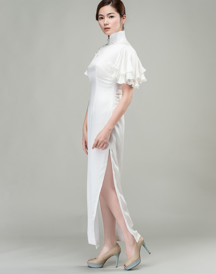 White long qipao dress whith Soft Chiffon frills Sleeves 