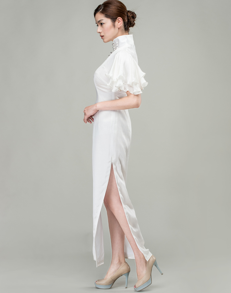 White long qipao dress whith Soft Chiffon frills Sleeves 