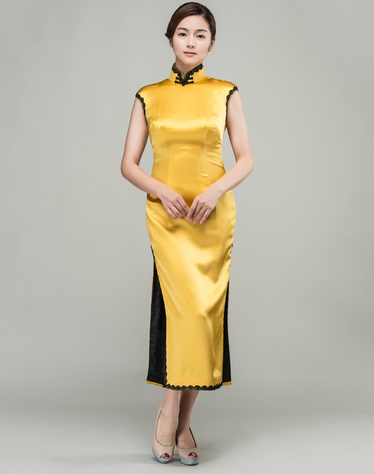 Yellow long cheongsam dress with black trim