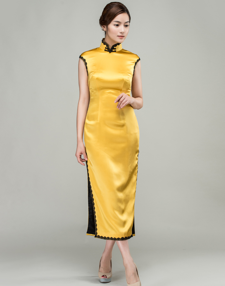 Yellow long cheongsam dress with black trim