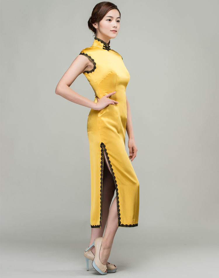 Yellow long cheongsam dress with black trim