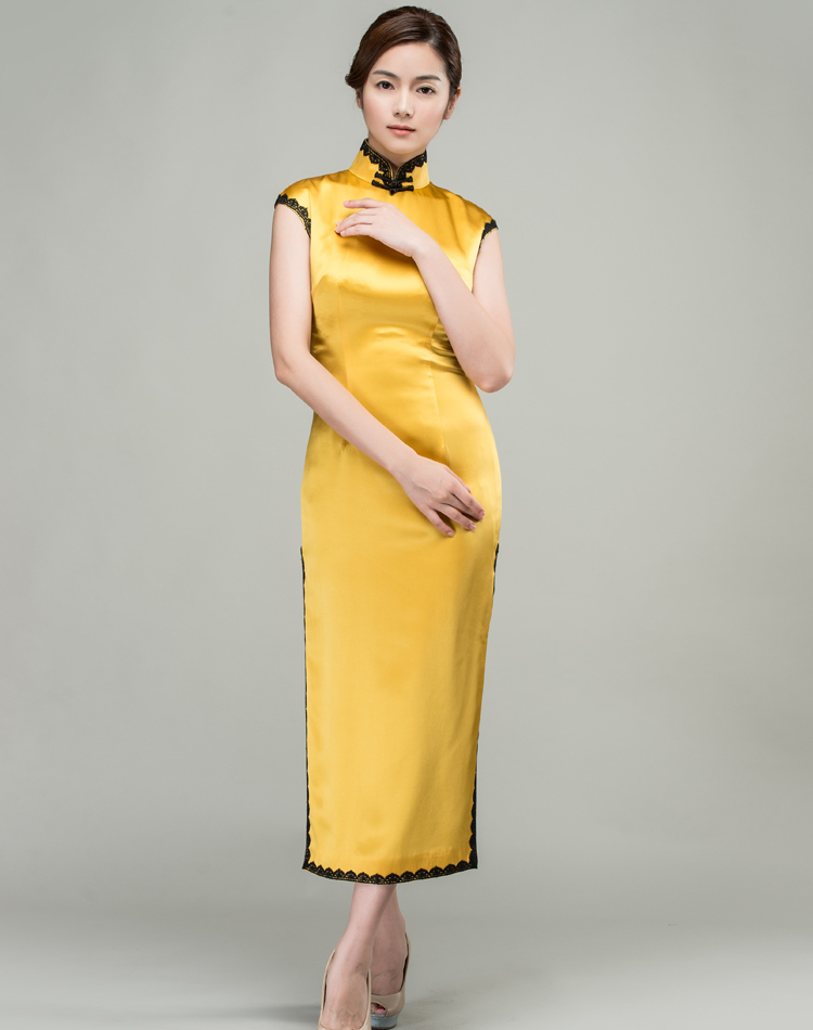 Yellow long cheongsam dress with black trim Yellow long cheongsam dress with black trim