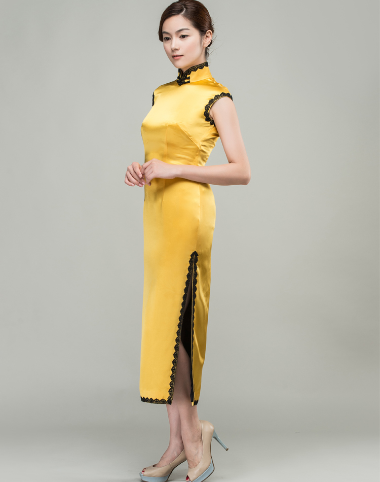 Yellow long cheongsam dress with black trim