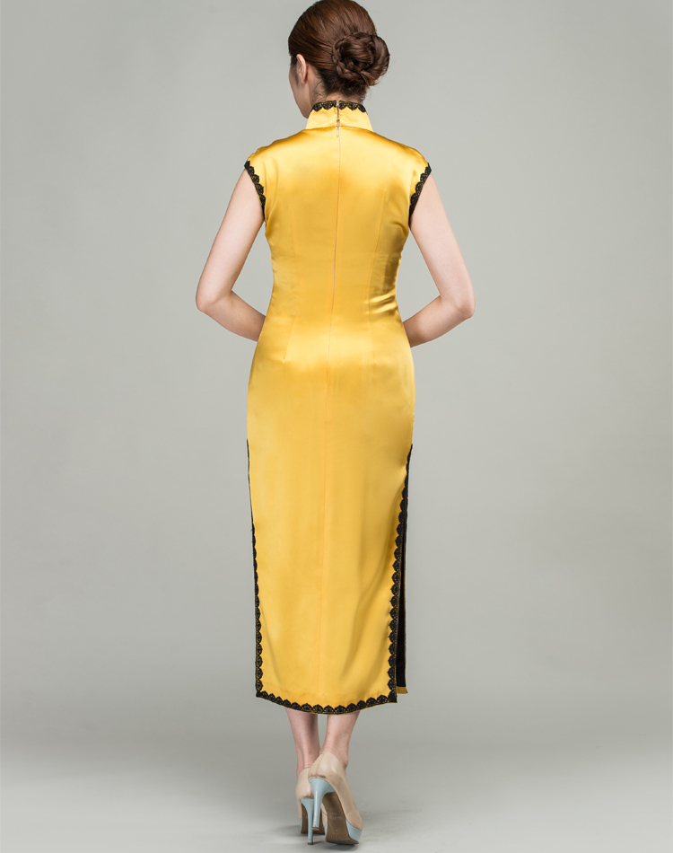 Yellow long cheongsam dress with black trim