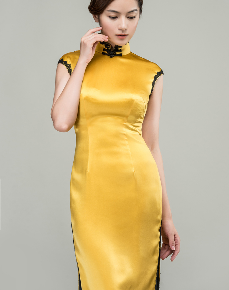 Yellow long cheongsam dress with black trim