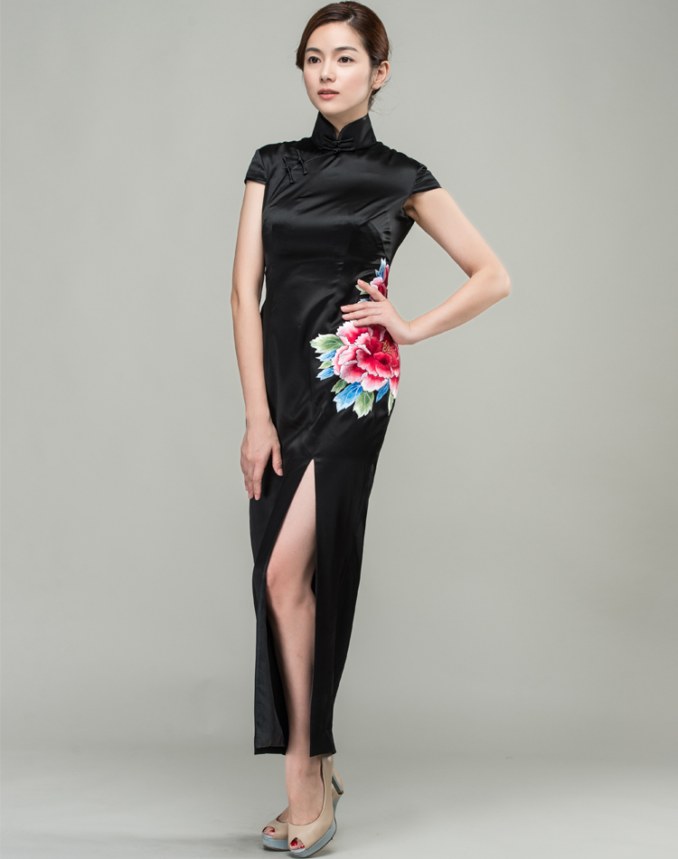 Black satin with peony embroidery qipao dress