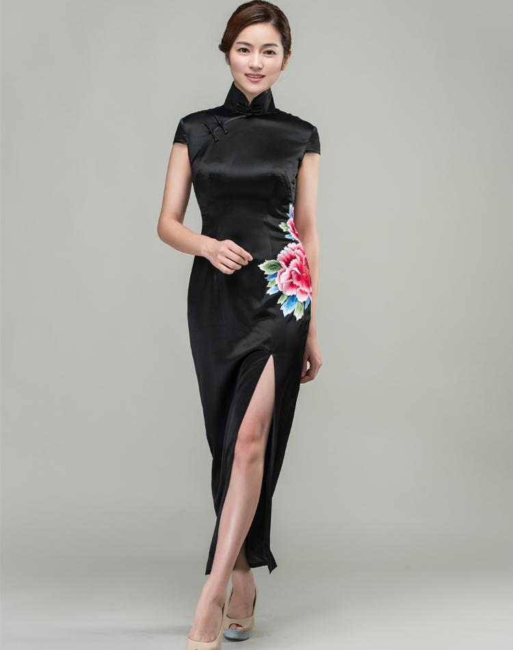 Black satin with peony embroidery qipao dress