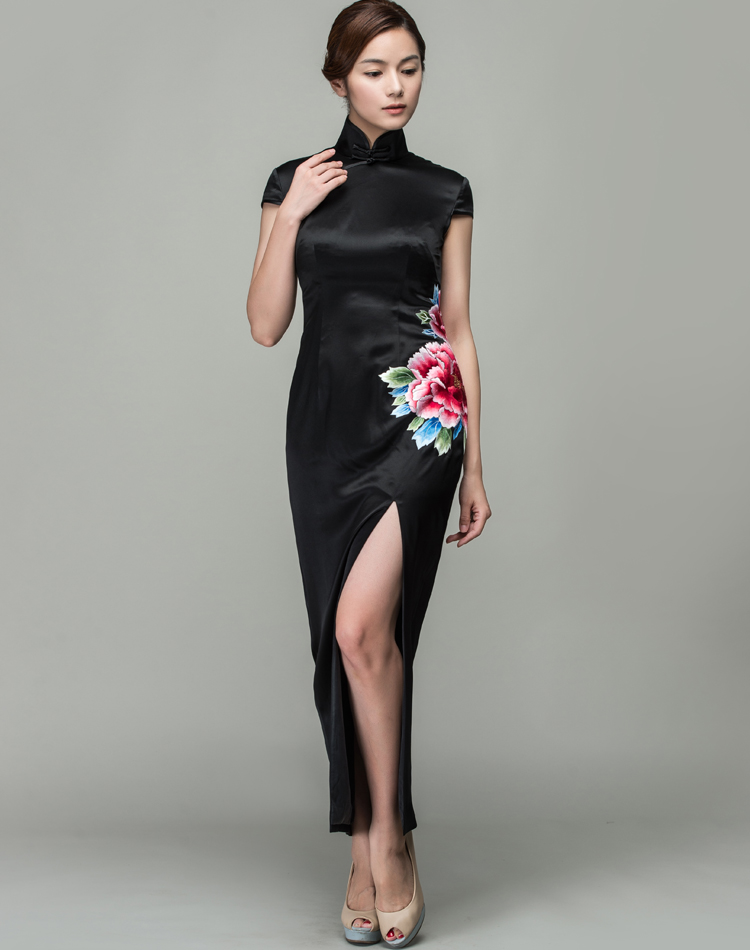 Black satin with peony embroidery qipao dress Black satin with peony embroidery qipao dress