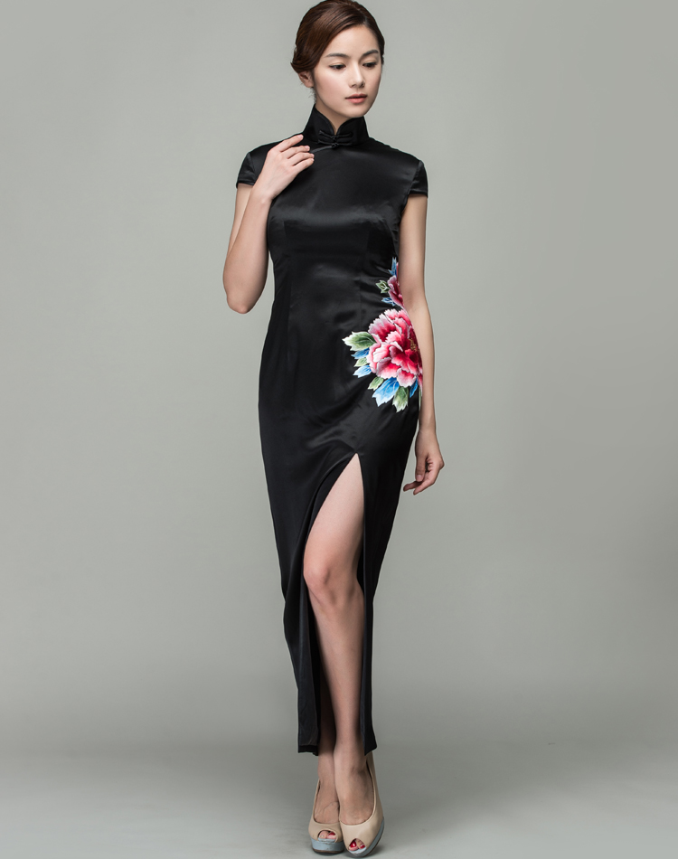 Black satin with peony embroidery qipao dress