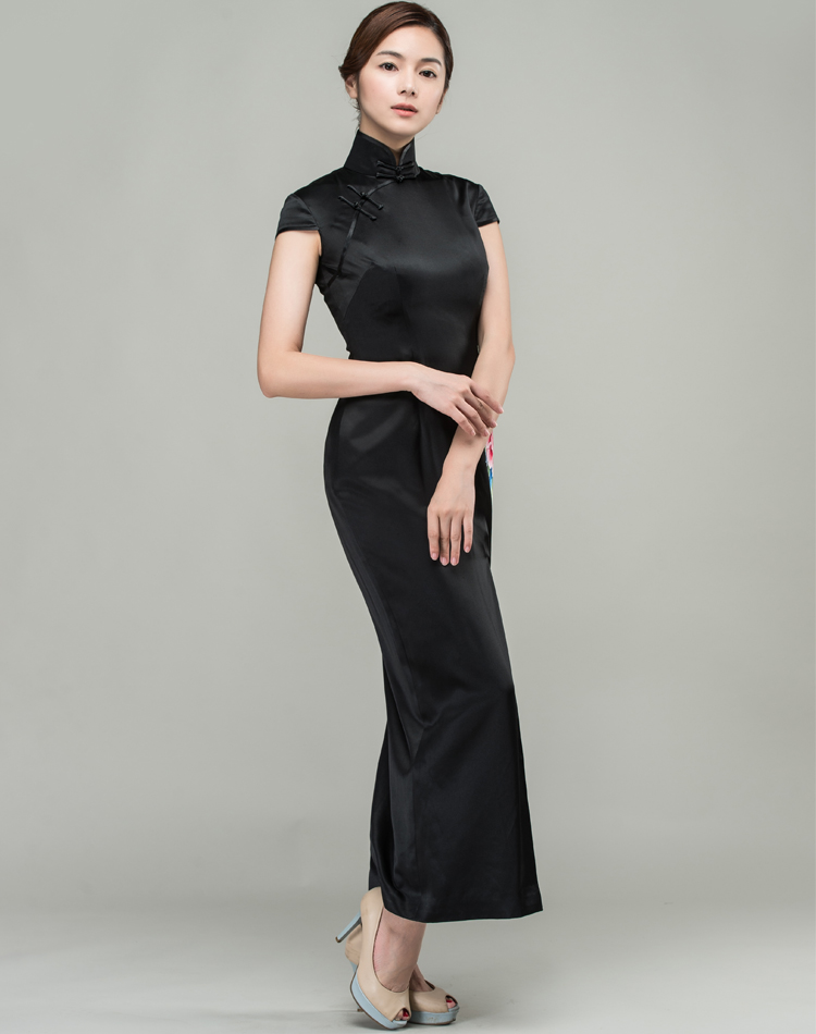 Black satin with peony embroidery qipao dress