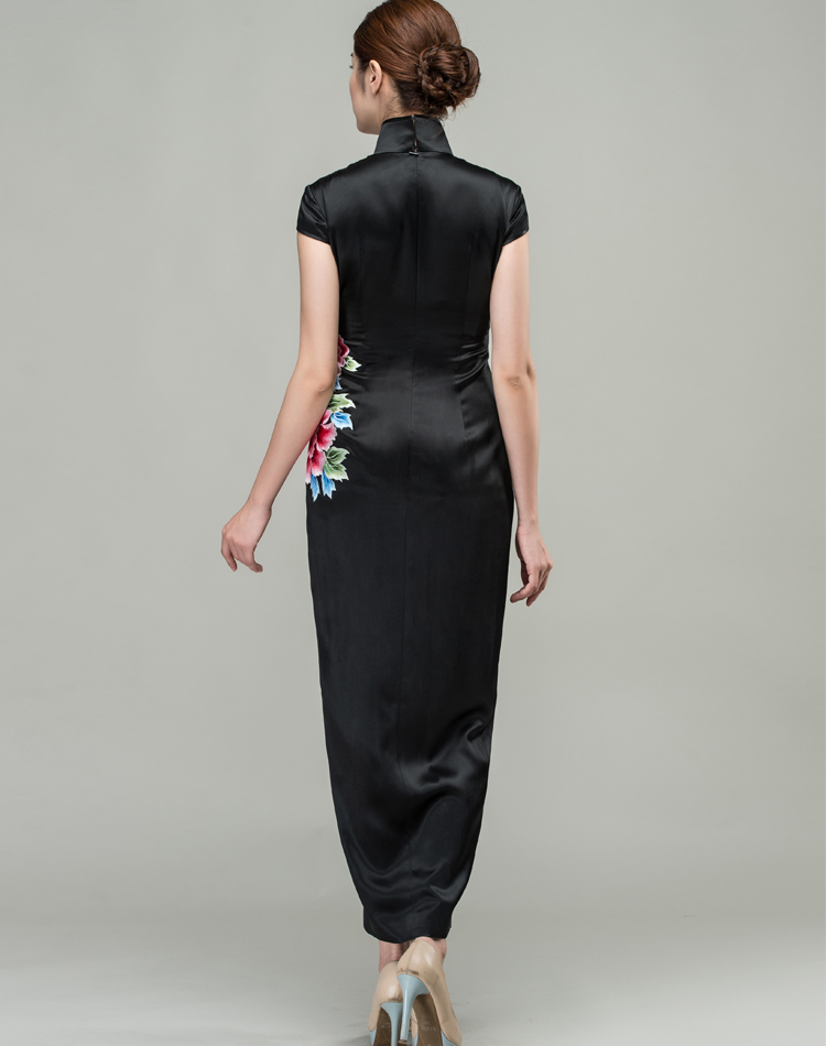 Black satin with peony embroidery qipao dress