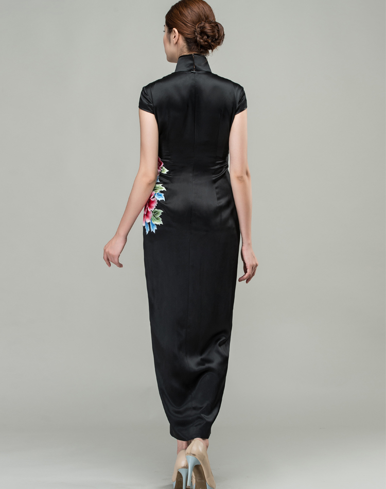 Black satin with peony embroidery qipao dress Black satin with peony embroidery qipao dress
