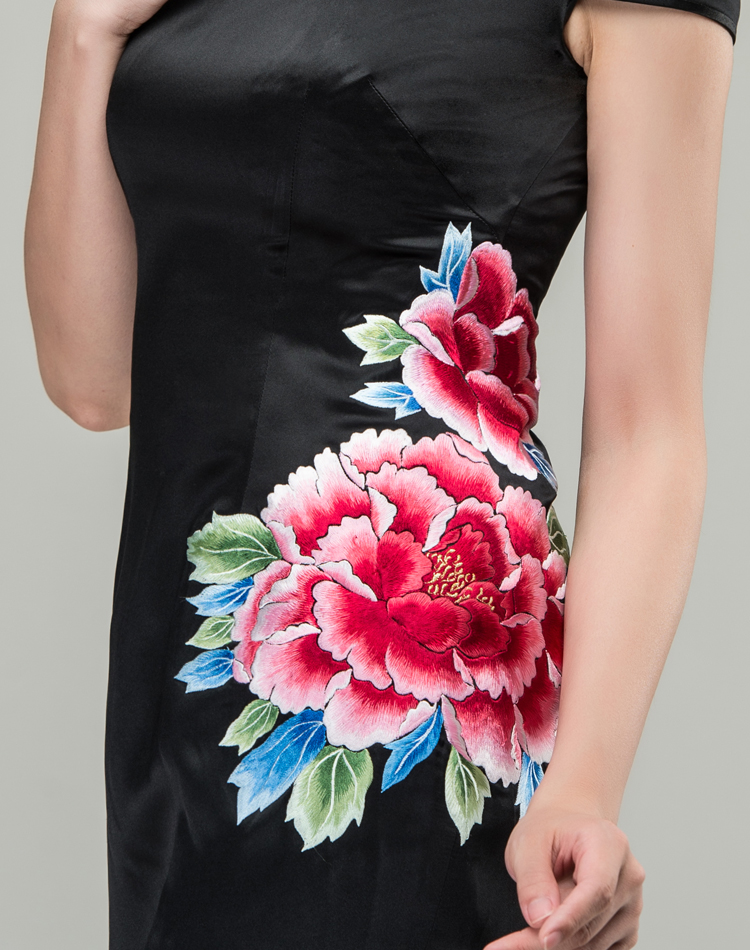 Black satin with peony embroidery qipao dress