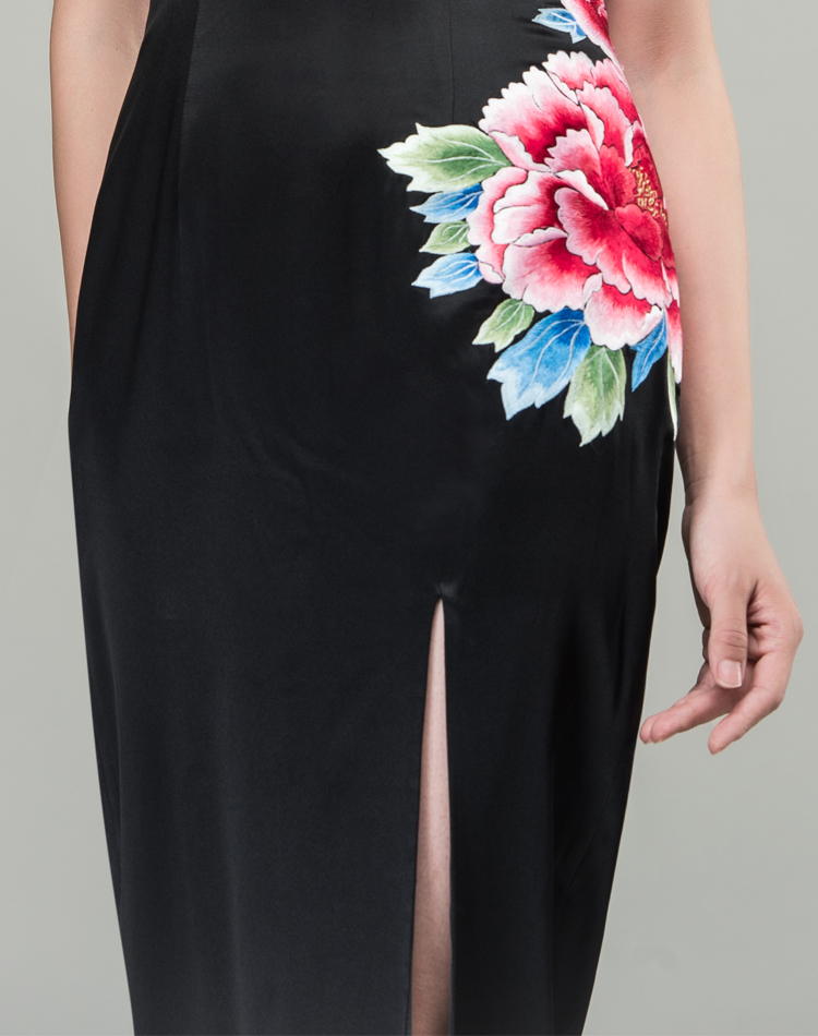 Black satin with peony embroidery qipao dress