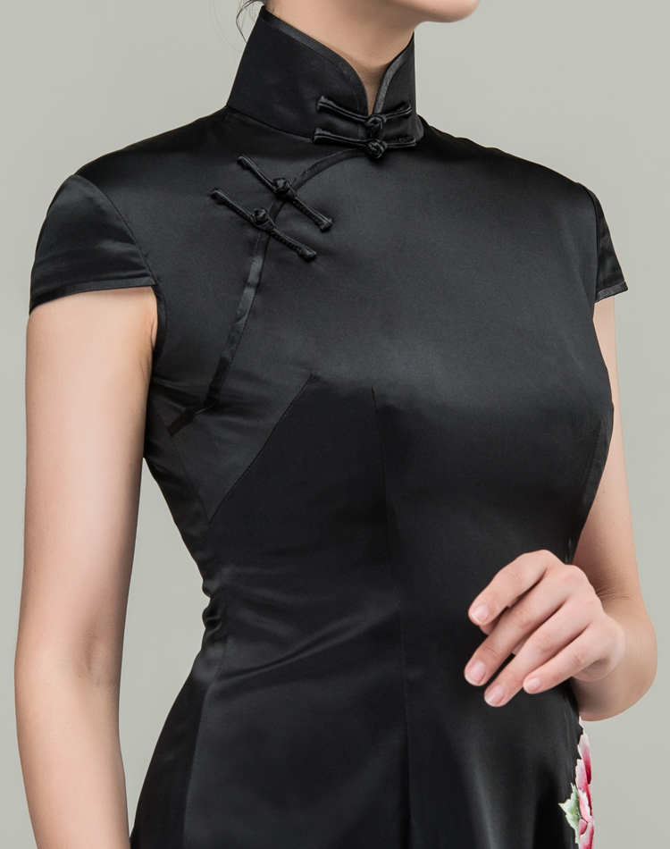 Black satin with peony embroidery qipao dress Black satin with peony embroidery qipao dress