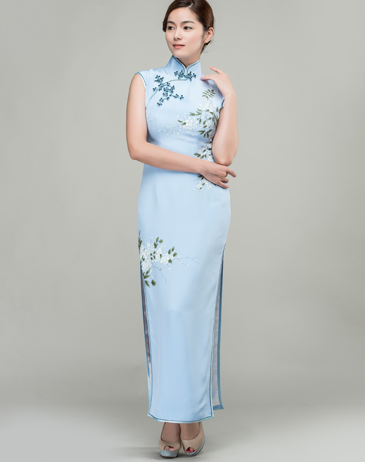 Hand-painted water-blue silk long qipao dress