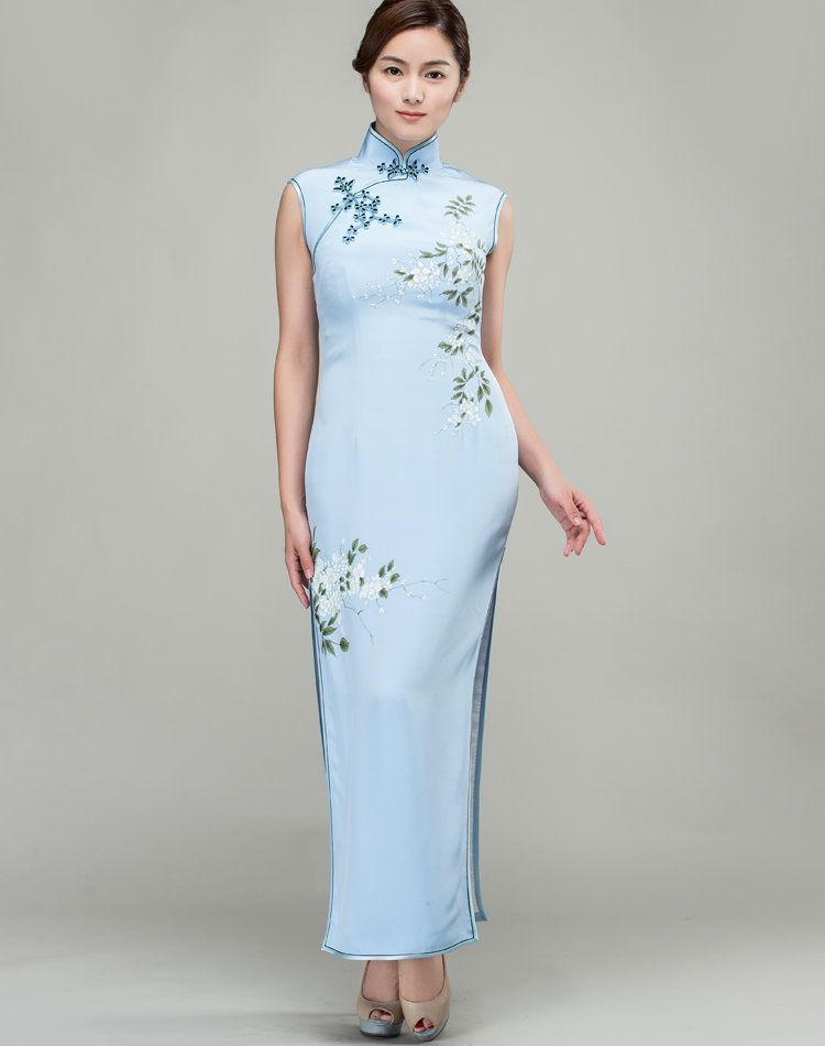 Hand-painted water-blue silk long qipao dress