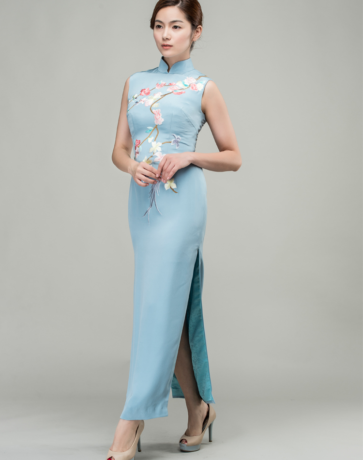 Grey-blue silk with plum-blossom embroidery qipao dress 