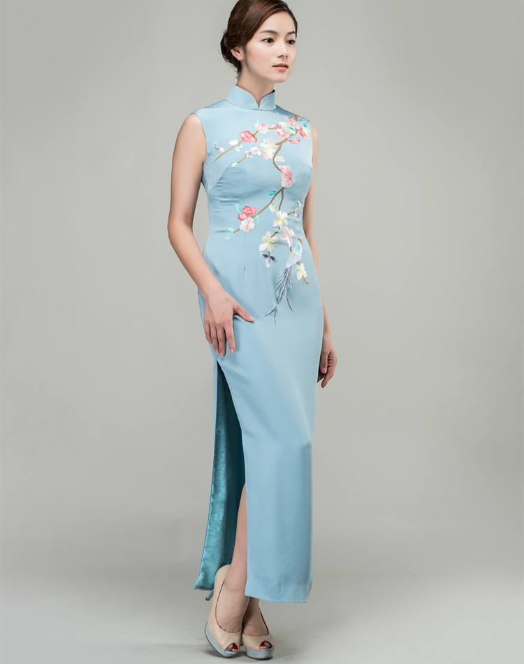 Grey-blue silk with plum-blossom embroidery qipao dress 