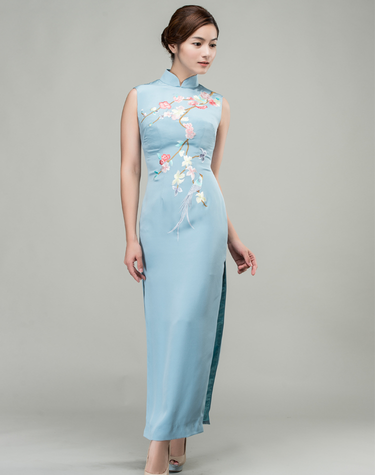 Grey-blue silk with plum-blossom embroidery qipao dress 