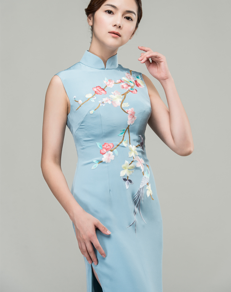 Grey-blue silk with plum-blossom embroidery qipao dress 