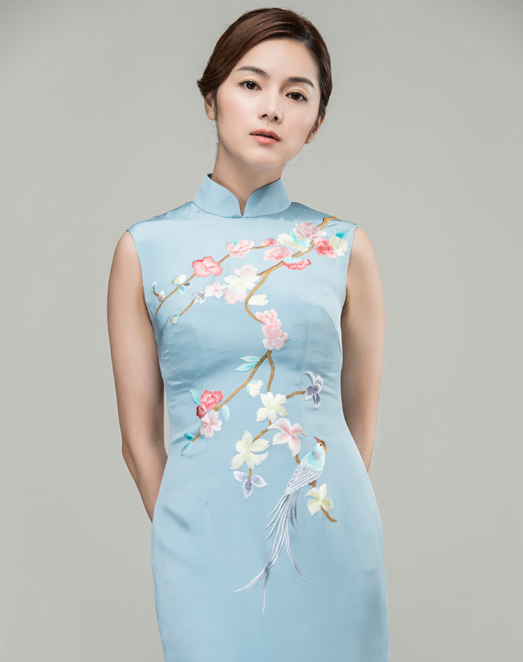 Grey-blue silk with plum-blossom embroidery qipao dress 