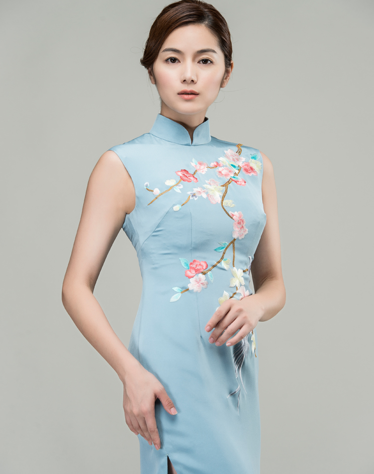 Grey-blue silk with plum-blossom embroidery qipao dress 