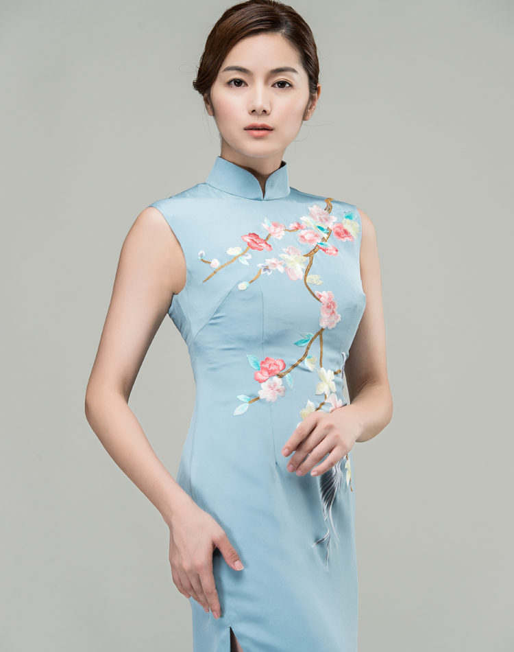 Grey-blue silk with plum-blossom embroidery qipao dress 