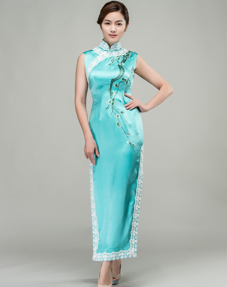 Light lake blue silk with embroidery choensam dress