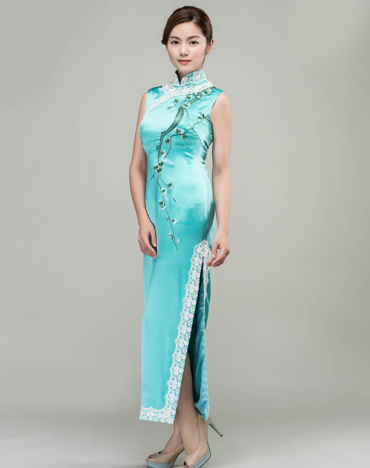 Light lake blue silk with embroidery choensam dress