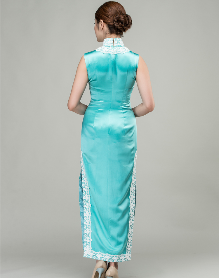 Light lake blue silk with embroidery choensam dress