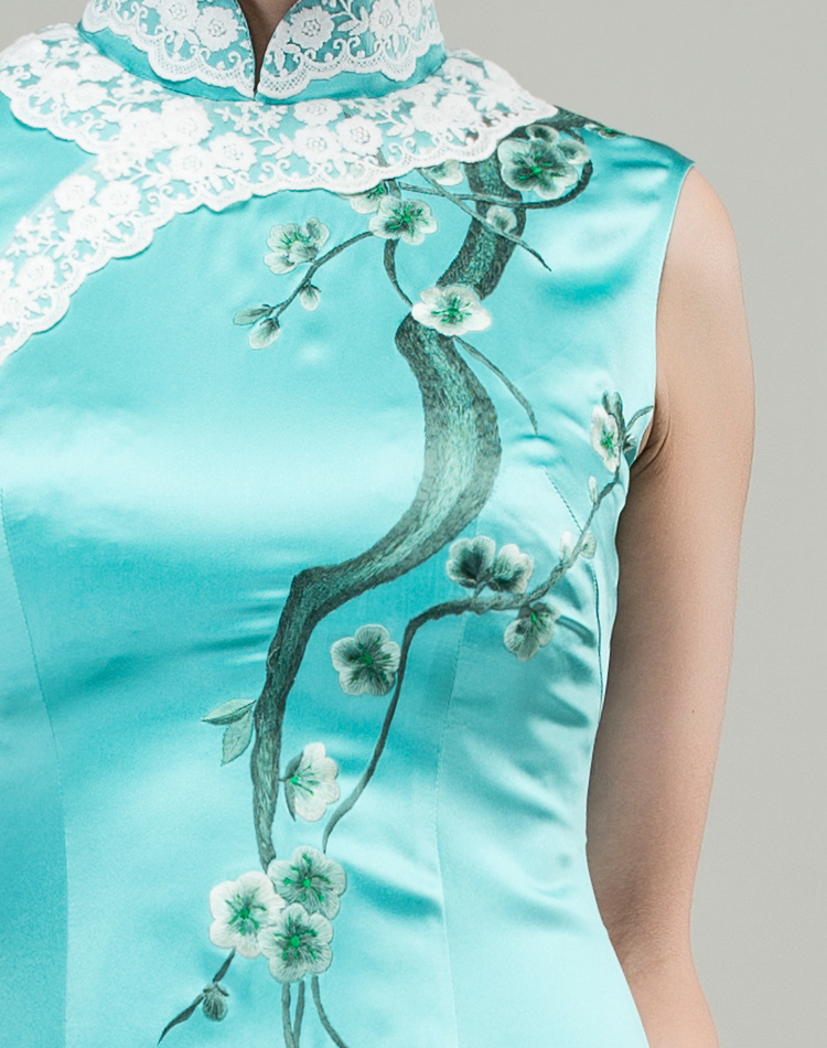 Light lake blue silk with embroidery choensam dress